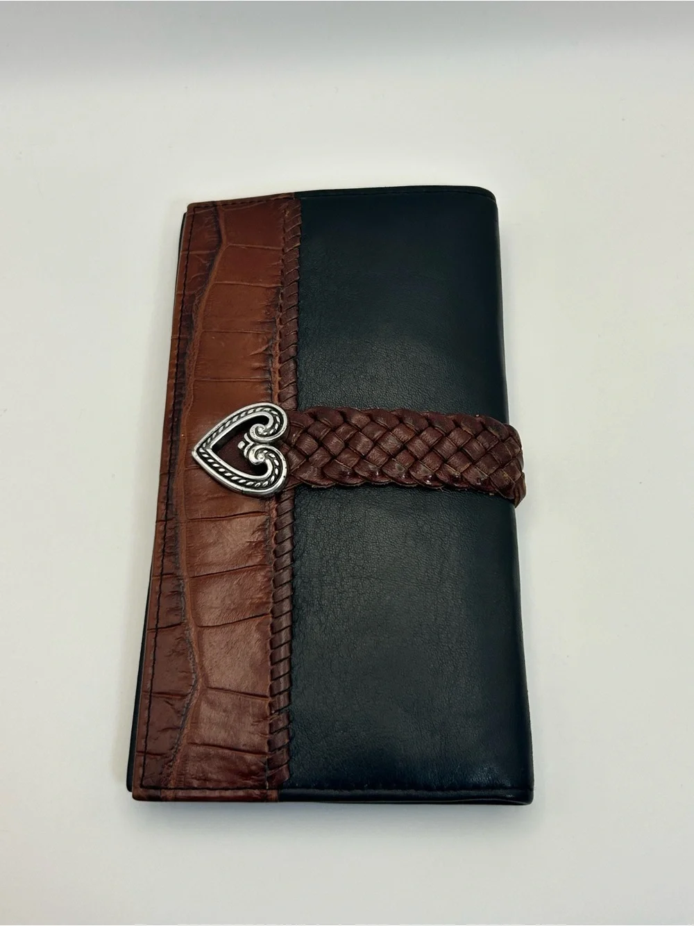 Brighton Two-tone Leather Braided Wallet Black Brown Silver Plated Heart Vintage